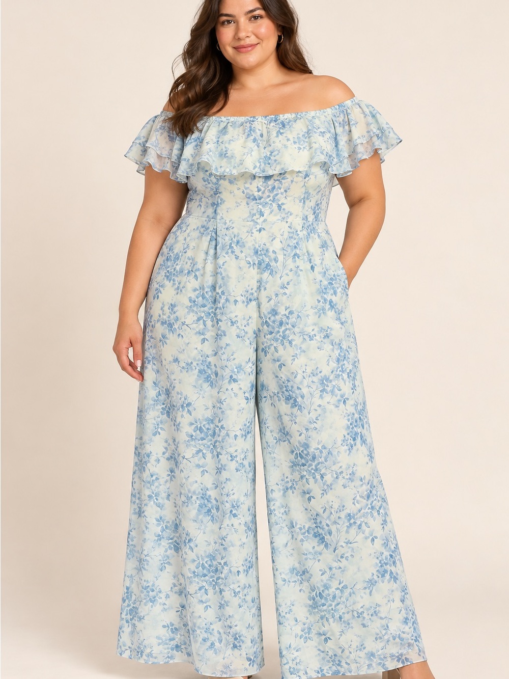 American Eagle Off-Shoulder Wide-Leg Floral Jumpsuit - Light Blue